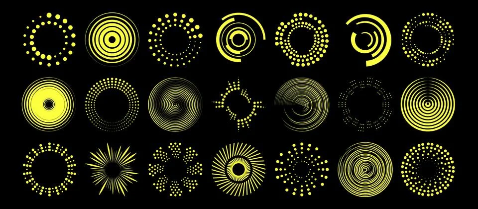 Dot radial ripple patterns in yellow on black bg Stock Illustration
