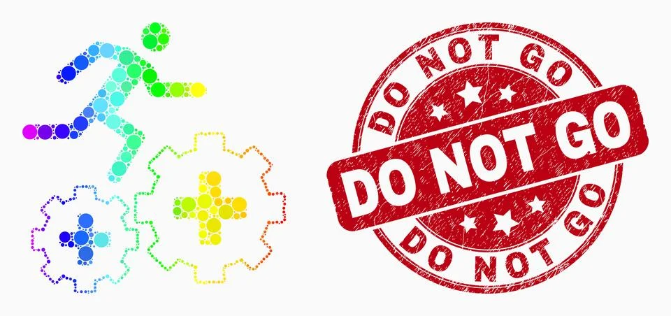 Dot rainbow gradiented patient run over gears mosaic icon and Do Not Go seal Ilustração Stock