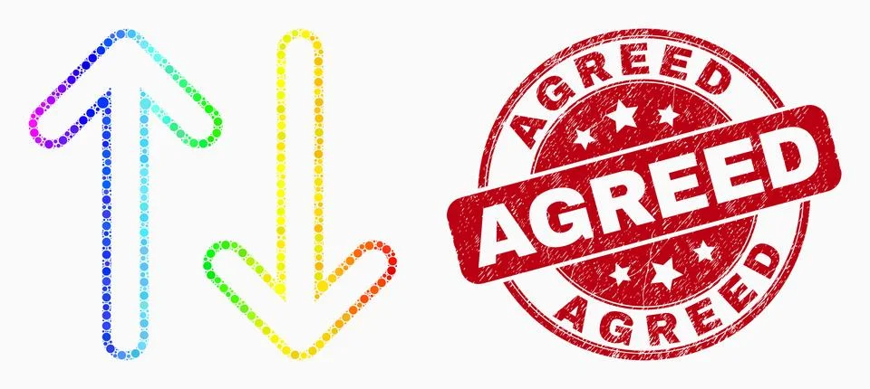 Dot rainbow gradiented vertical exchange arrows mosaic icon and Agreed stamp. Stock Illustration