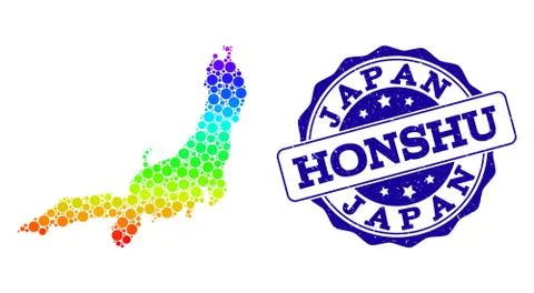 Dot Rainbow Map of Honshu Island and Grunge Stamp Seal Illustrazione stock