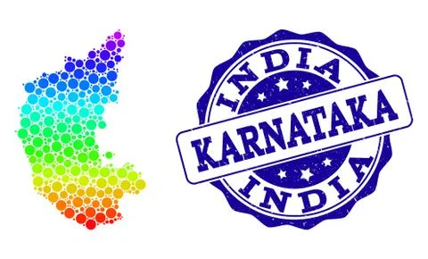 Dot Rainbow Map of Karnataka State and Grunge Stamp Seal Stock Illustration