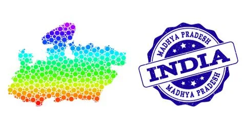 Dot Rainbow Map of Madhya Pradesh State and Grunge Stamp Seal Stock Illustration