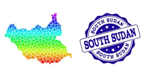Dot Rainbow Map of South Sudan and Grunge Stamp Seal Stock Illustration