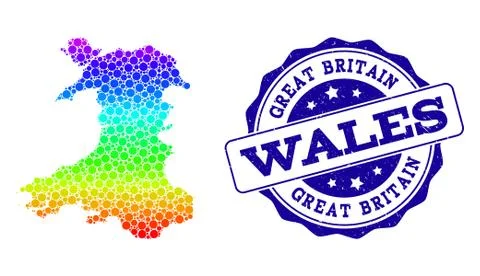 Dot Rainbow Map of Wales and Grunge Stamp Seal Illustrazione stock