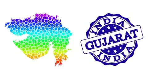 Dot Spectrum Map of Gujarat State and Grunge Stamp Seal Stock Illustration