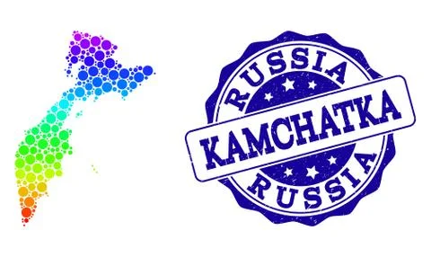 Dot Spectrum Map of Kamchatka Peninsula and Grunge Stamp Seal Stock Illustration