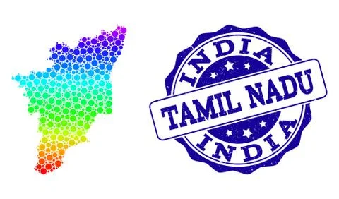 Dot Spectrum Map of Tamil Nadu State and Grunge Stamp Seal Stock Illustration