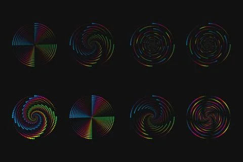 Dot vortex halftone set on dark. Abstract futuristic digital technology logo Stock Illustration