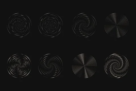 Dot vortex halftone set on dark. Abstract futuristic digital technology logo Stock Illustration