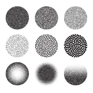Dot work circles various patterns set. Stipple black gradient vector shapes Stock Illustration