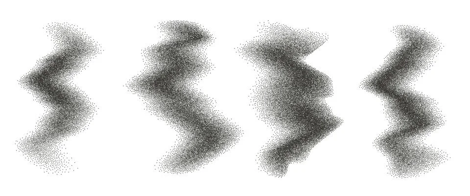 Dot work grainy gradient textured wavy irregular shapes set. Black stippled 스톡 일러스트