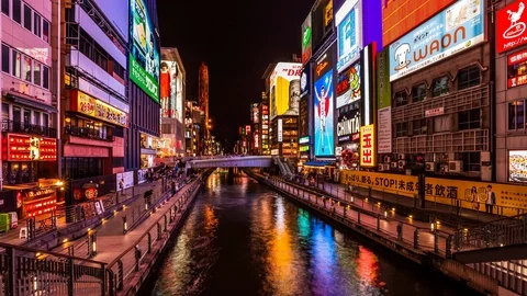 Dotonbori Glico Sign, emblem of Osaka time lapse at night Stockbeeldmateriaal 119053953