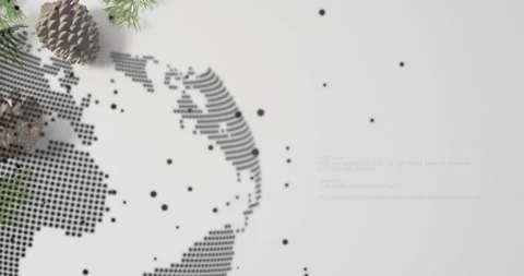 Dots and code sliding in, dotted globe rotating as pine branch extends dropping Stock Footage 317791701