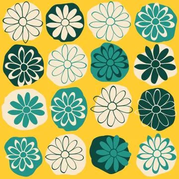 Dots and Flowers Vector Seamless Illustration. Green Yellow Repeat Pattern 库存插图