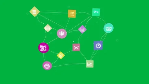 Dots and gold box emerging pink hub sending strands linking nodes showing Stock Footage 334727123