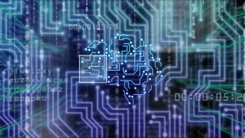 Dots appearing, aligning into neon circuit brain, scan boxes moving, nodes Stock Footage 334337887