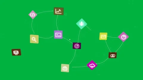 Dots appearing sparking app nodes forming, linking, orbiting, fading on Stock Footage 334727069