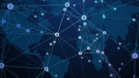 Dots with a bitcoin symbol connected by lines move chaotically Stock Footage 236586357