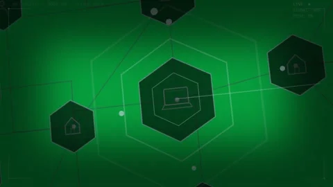 Dots coming from right linking nodes, laptop hex expanding, showing data flow on Stock Footage 333907631