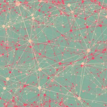 Dots connected with lines abstract background. Pink, turquoise, bordeaux, san Stock Illustration