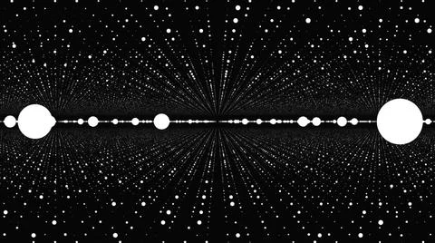 Dots on a grid surface moving and twisting from order to chaos. Dots disperse Stockillustratie