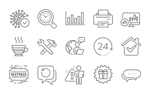 Dots message, Time management and Candlestick chart icons set. Printer Stock Illustration