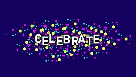Dots particles explosion on CELEBRATE text symbol sign logo Colorful and mu.. Illustrazione stock