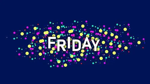 Dots particles explosion on FRIDAY text symbol sign logo Colorful and multi.. Illustrazione stock