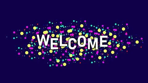 Dots particles explosion on WELCOME text symbol sign logo Colorful and mult.. Illustrazione stock