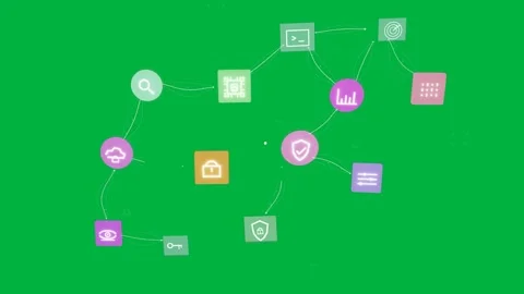 Dots sparking UI icons forming S linking via white lines then fading showing Stock Footage 334727120