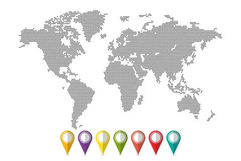 Dots world map with pins vector illustration isolated. Stock Illustration