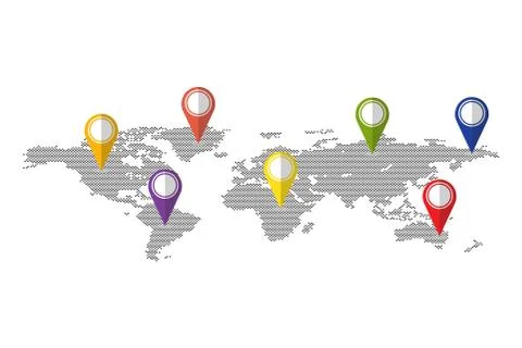 Dots world map with pins vector illustration isolated. Stock Illustration