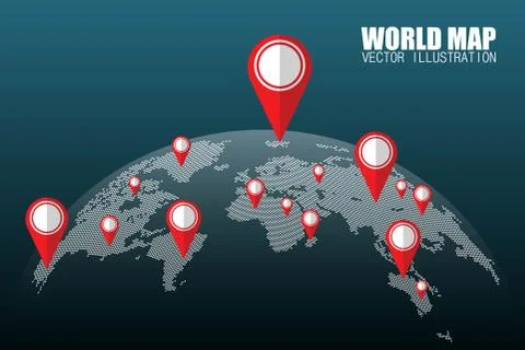 Dots world map with pins vector illustration isolated. Stock Illustration