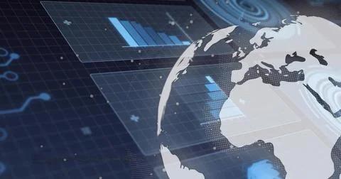 Dotted 3D globe rotating in hologram display, with charts nodes and light Stock Illustration