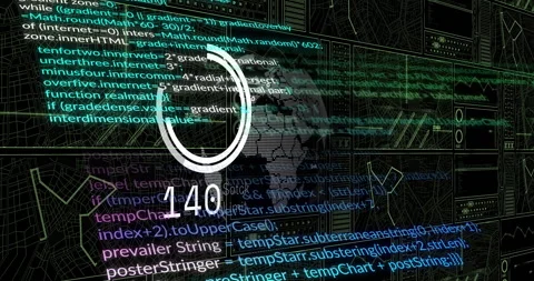 Dotted 3D globe spinning center in dashboard, showing code streams, network Stock Footage 309284900
