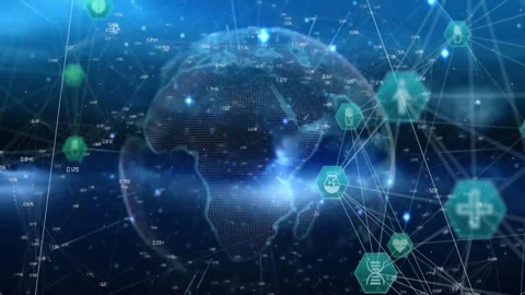 Dotted 3D globe spinning, floating hexagonal nodes linking DNA, heart, flask, Video stock 309035087