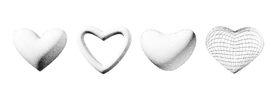 Dotted 3d heart shape collection. Black stippled fade gradient heart set Stock Illustration