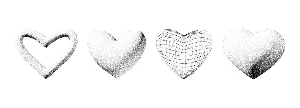 Dotted 3d heart shape collection. Black stippled fade gradient heart set. Y2K Stock Illustration