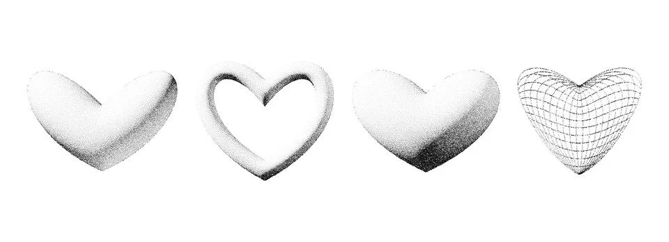 Dotted 3d y2k heart shape collection. Black stippled gradient heart set. Dot Stockillustratie