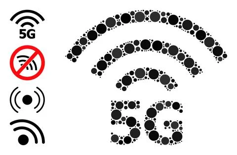 Dotted 5G Radio Source Collage of Round Dots with Similar Icons Illustrazione stock