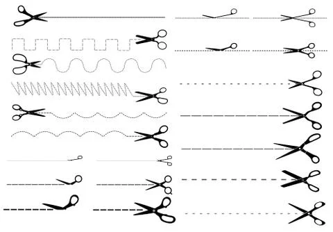 Dotted and dashed cut lines with scissors set Stock Illustration
