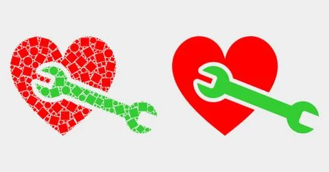 Dotted and Flat Vector Heart Repair Wrench Icon Illustrazione stock