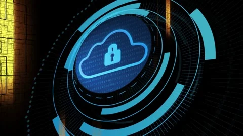 Dotted arc starting cloud lock badge forming cyan rings rotating gold bars Stock Footage 328469444