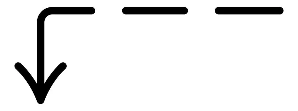 Dotted arrow. Black pointer bent at right angle, pointing left and down. Stock Illustration