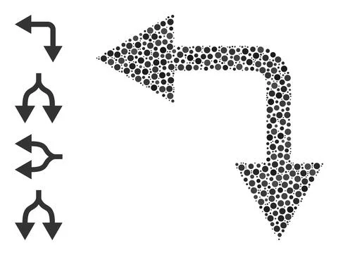 Dotted Bifurcation Arrow Left Down Mosaic of Rounded Dots and Other Icons Stock Illustration