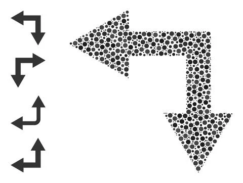 Dotted Bifurcation Arrow Left Down Mosaic of Circles with Other Icons Stock Illustration
