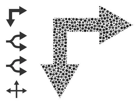 Dotted Bifurcation Arrow Right Down Mosaic of Round Dots and Other Icons Stock Illustration