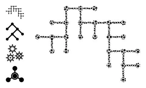 Dotted Binary Circuit Mosaic of Round Dots and Other Icons 스톡 일러스트