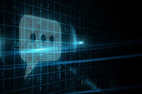 Dotted chat bubble icon is floating in flat style over dark data grid with lens Illustrazione stock