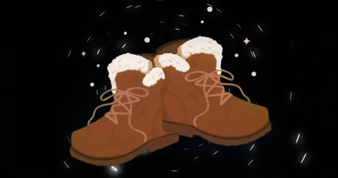 Dotted circular lines drawing around brown winter boots while sparkles orbiting Video stock 315524136